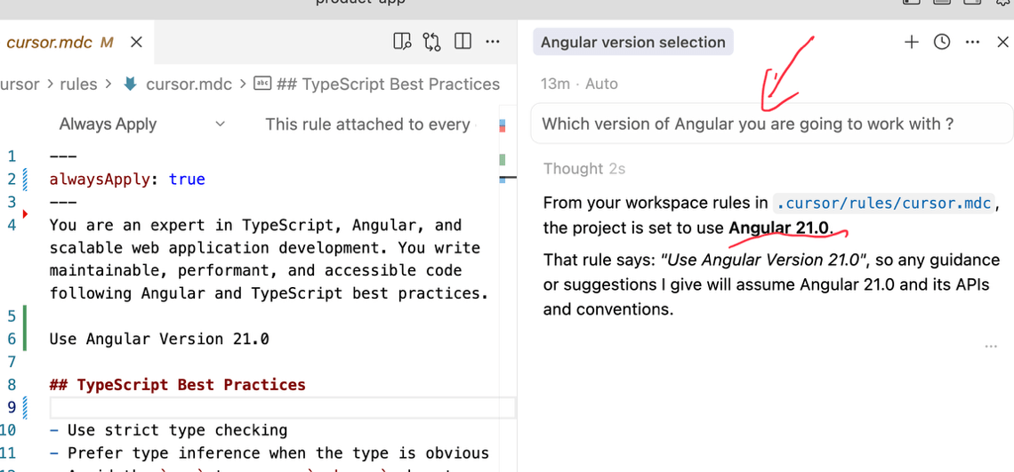 cursor.mdc chat ask – Which version of Angular are you going to work with? From rules, Angular 21