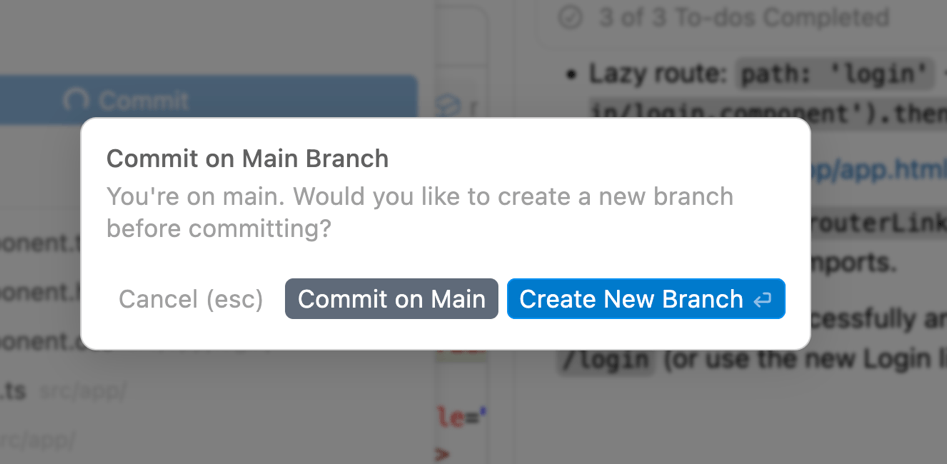 Commit on Main Branch – buttons to Commit on Main or Create New Branch