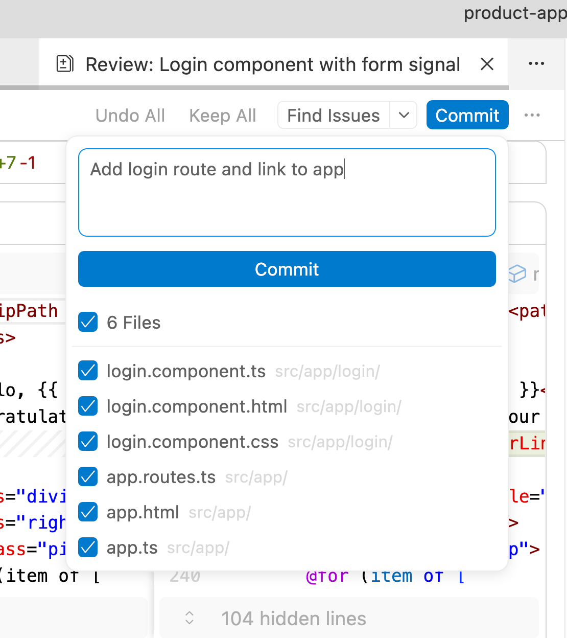 Add login route and link to app, with Commit button, 6 files selected