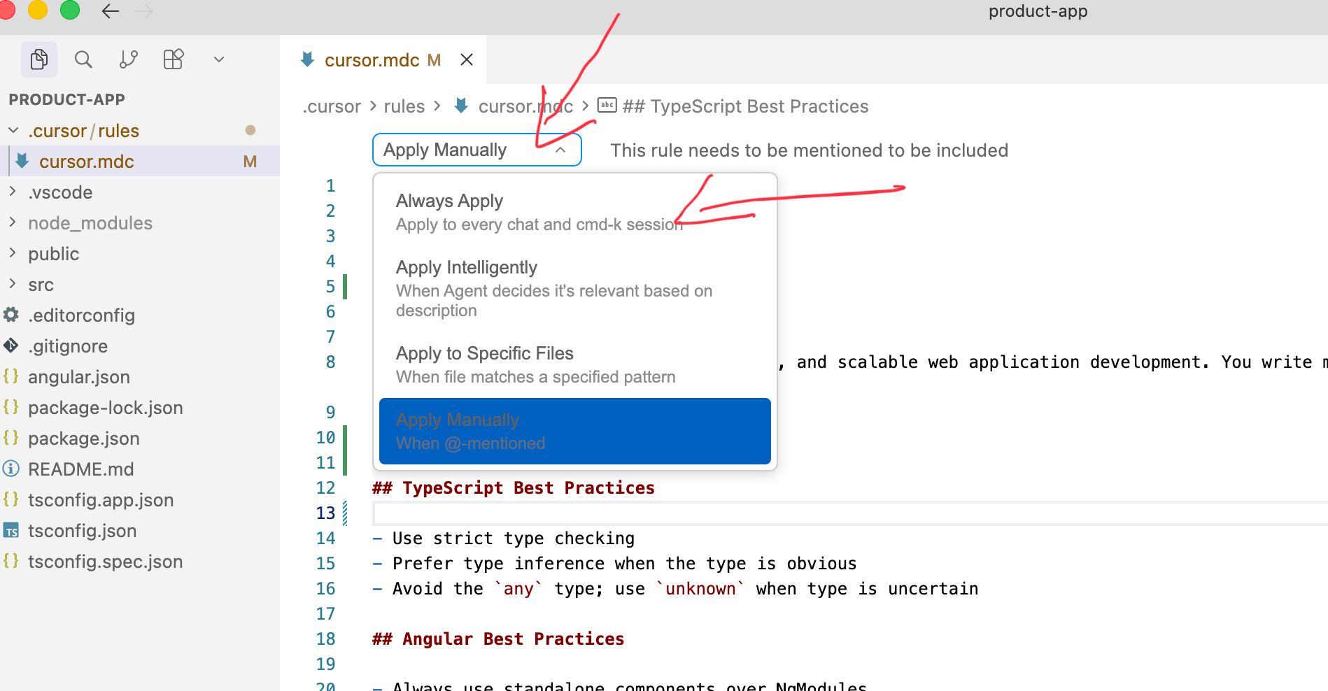cursor.mdc rules – apply manually dropdown set to always apply