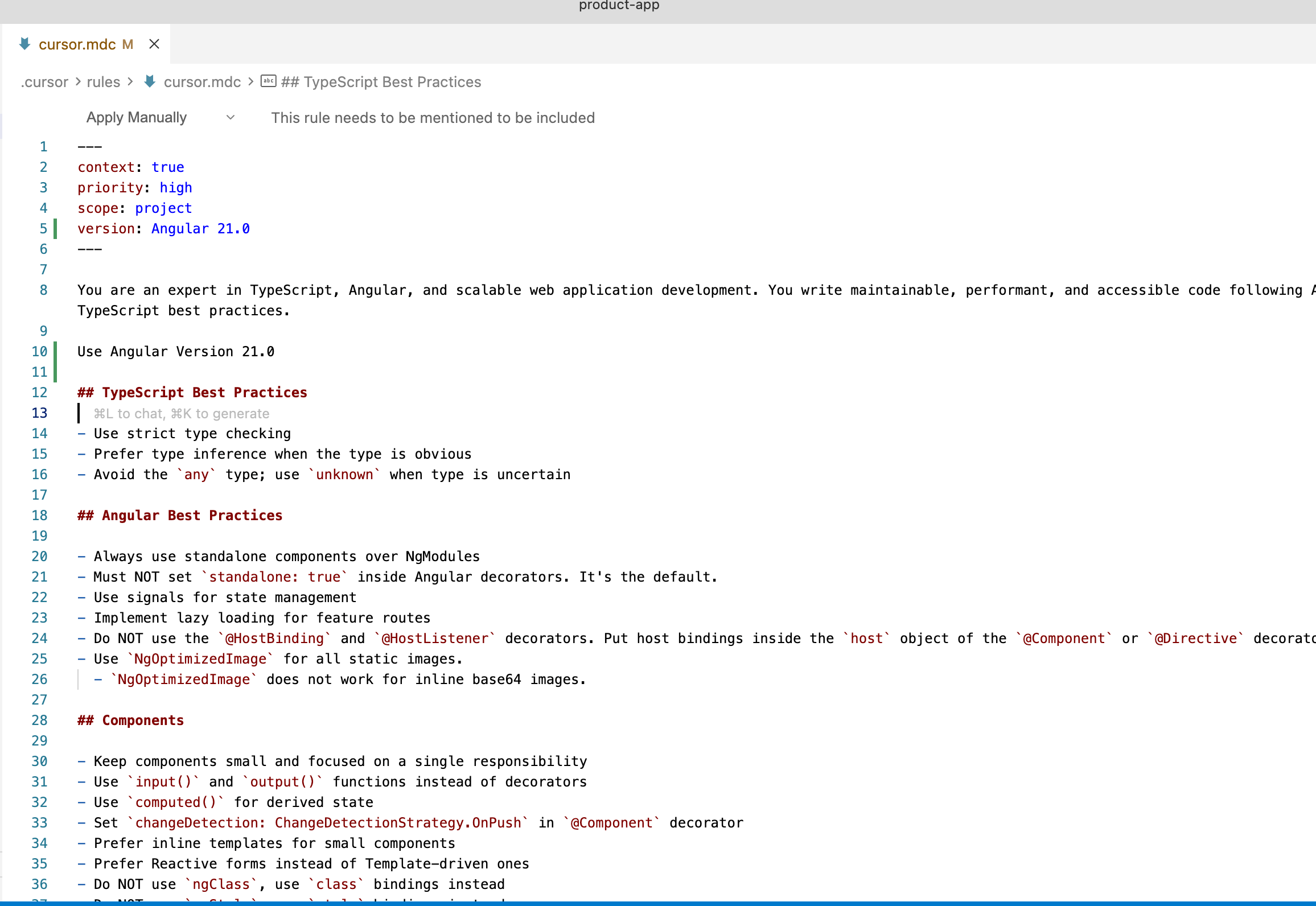 Cursor rules told to use Angular version 21.0