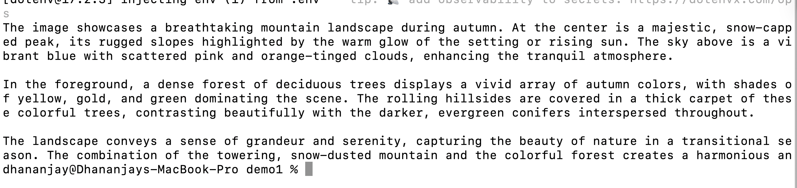 The image showcases a breathtaking mountain landscape… description goes on for three paragraphs.