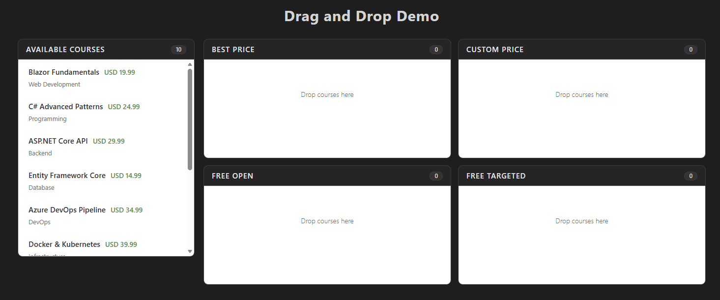 Page displaying ListBoxes for Blazor that will be used to transfer items between them