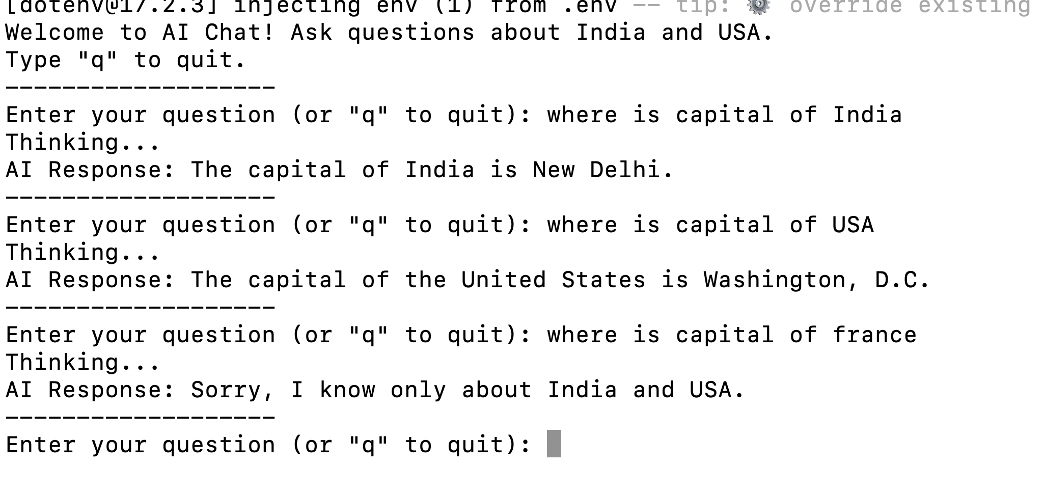 When the user asks about the capital of France, the AI responds: Sorry, I know only about India and USA