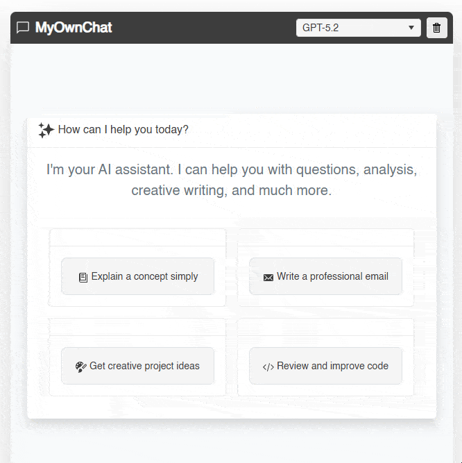 The chat application built with prebuilt components, ready to display a conversation with an AI model