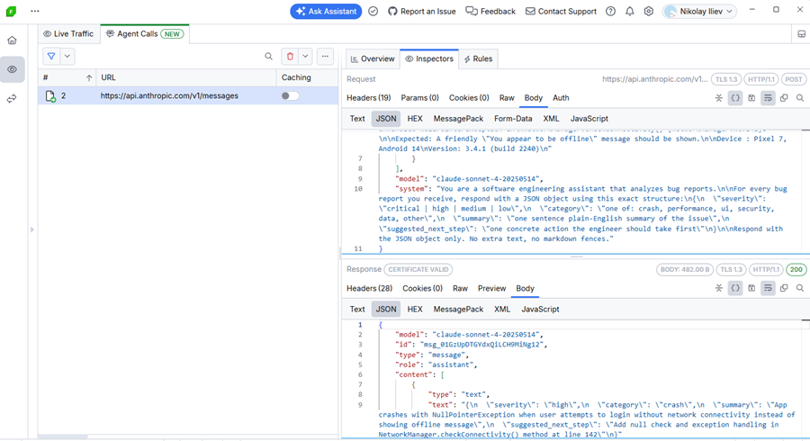 Fiddler Everywhere Traffic Agent Calls shows the captured call to api.anthropic.com with the full request and response.