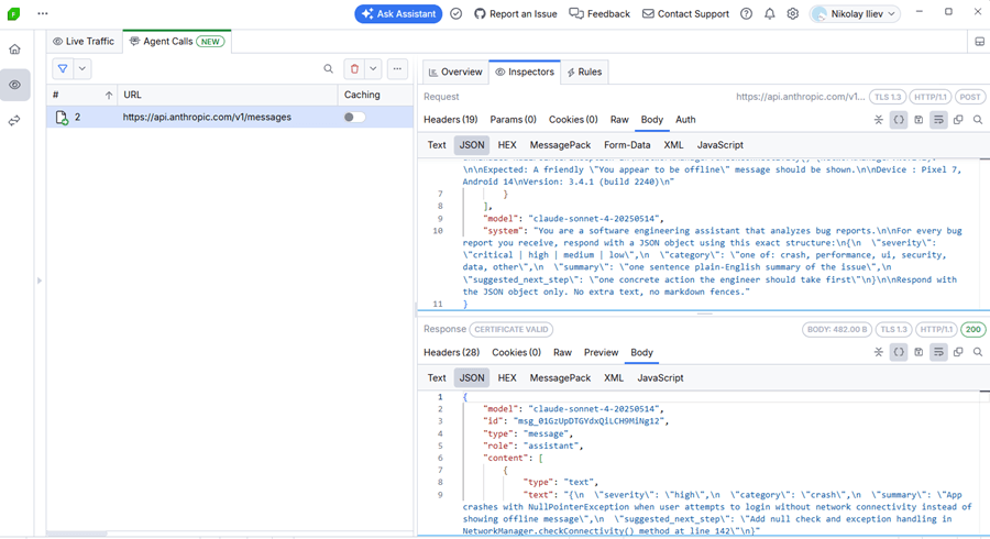 Fiddler Everywhere Traffic Agent Calls shows the captured call to api.anthropic.com with the full request and response.