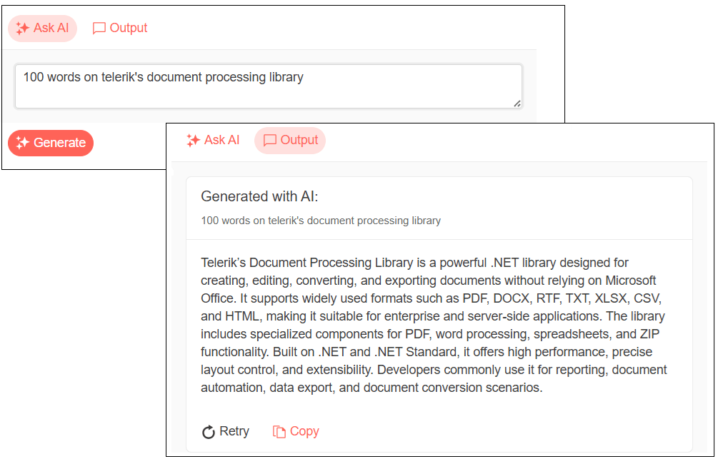 The basic AI Prompt display showing a textbox with a “Generate” button underneath it. Above the textbox are two additional buttons: “Ask AI” and “Output”