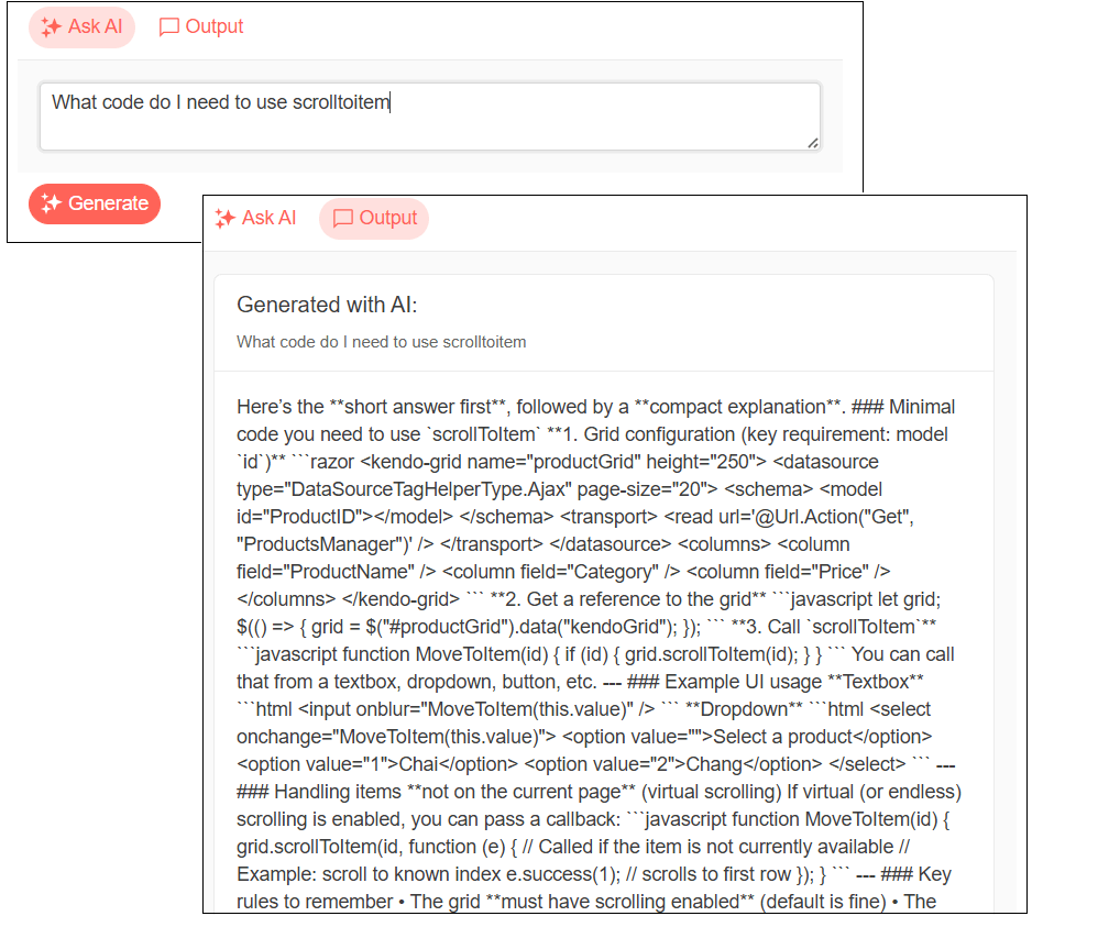 Two successive screenshots: First, the AIPrompt showing a textbox with a prompt entered into it (“what code do I need to use scrolltoitem”); Second, AIPrompt’s output showing a block of unformatted code
