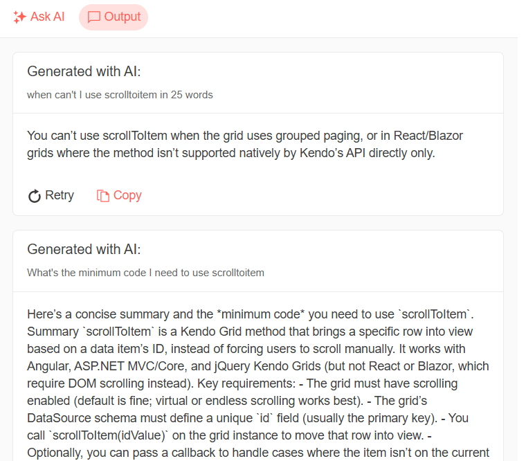 AIPrompt’s Output window showing two successive prompts with the response to each prompt displayed underneath each prompt