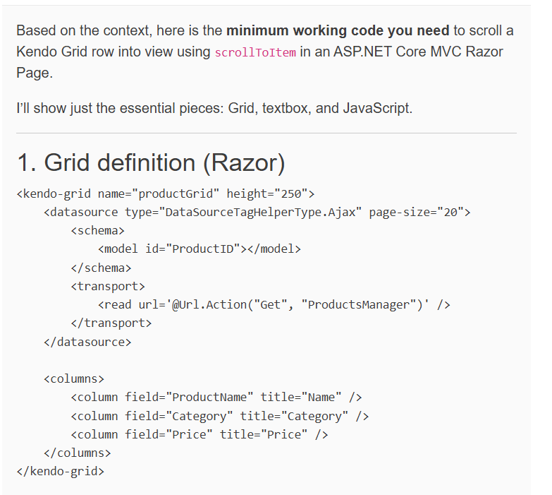 A well formatted response with bolded headings and “pretty printed” sample HTML in a code font with indented code blocks