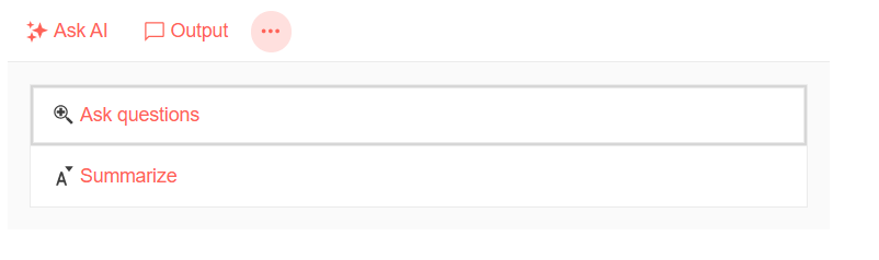AIPrompt showing a vertical list of commands, displaying the commands’ title property: “Ask Questions”, “Summarize”