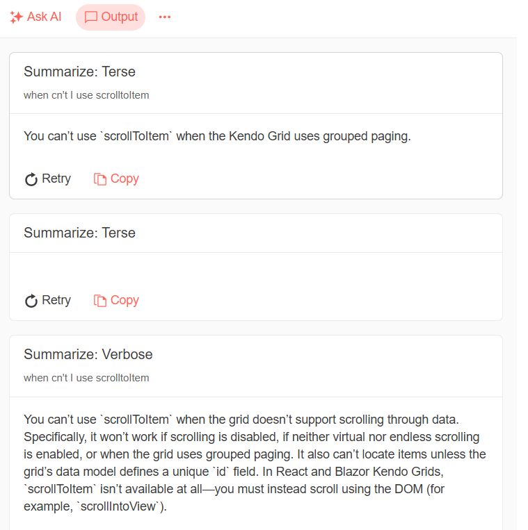 A screenshot of a history of output in AIPrompt. All of the items have the same prompt: “when can’t I use scrolltoitem.” The top output block is labelled Terse and consists of a single sentence less than 20 words long; the block below it is labelled Verbose and is a paragraph of less than 100 words