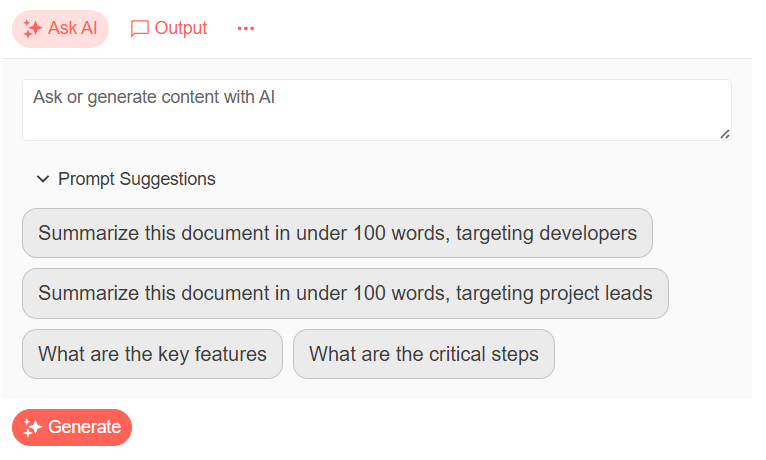 The AIPrompt from before but it’s bottom has been filled with a set of lozenge shaped buttons with the strings from the Suggestions array in the component (e.g. What are the key features, Summarize this document for…