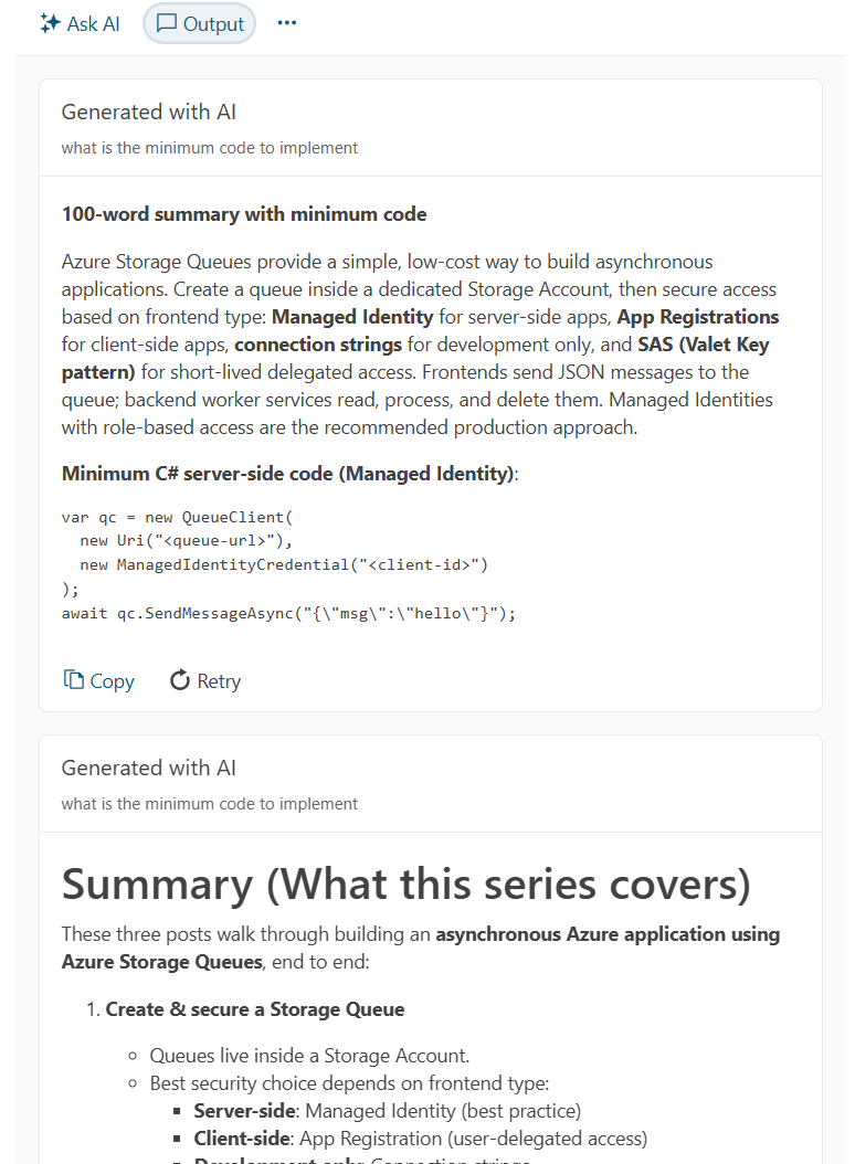 AIPrompt’s output view showing two results: At the top is a 200 word summary that results from executing the “Summarize” menu choice; below that is the output from an earlier prompt requesting the minimum code to execute 