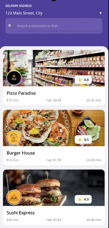 BottomSheet control in action, allowing users to select a different delivery address for an order