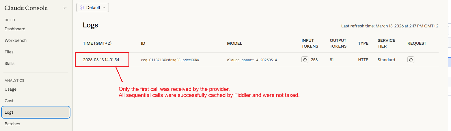 On the Claude Console: Only the first call was received by the provider. All sequential calls were successfully cached by Fiddler and were not taxed.