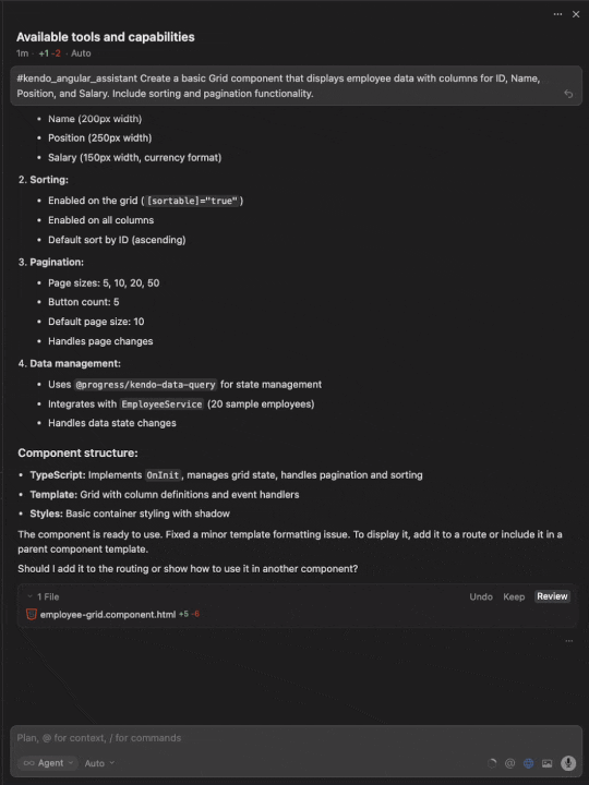 Searching Cursor: What tools have you available? And then selecting Kendo UI for Angular via MCP server