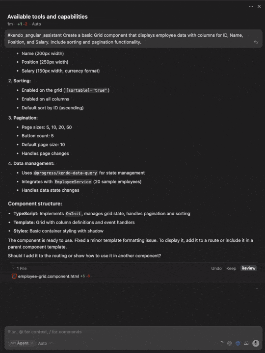 Searching Cursor: What tools have you available? And then selecting Kendo UI for Angular via MCP server