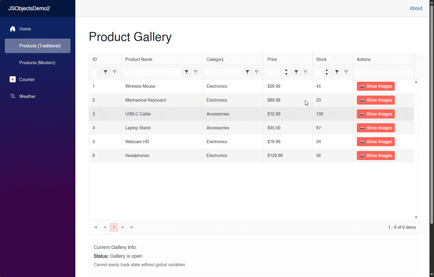 The demo application displaying a gallery rendered with JavaScript