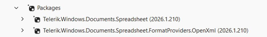DPL packages: Telerik.Windows.Documents.Spreadsheet and Telerik.Windows.Documents.Spreadsheet.FormatProviders.OpenXml