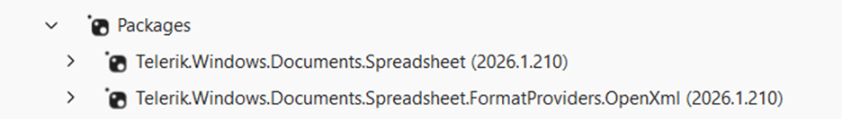 DPL packages: Telerik.Windows.Documents.Spreadsheet and Telerik.Windows.Documents.Spreadsheet.FormatProviders.OpenXml