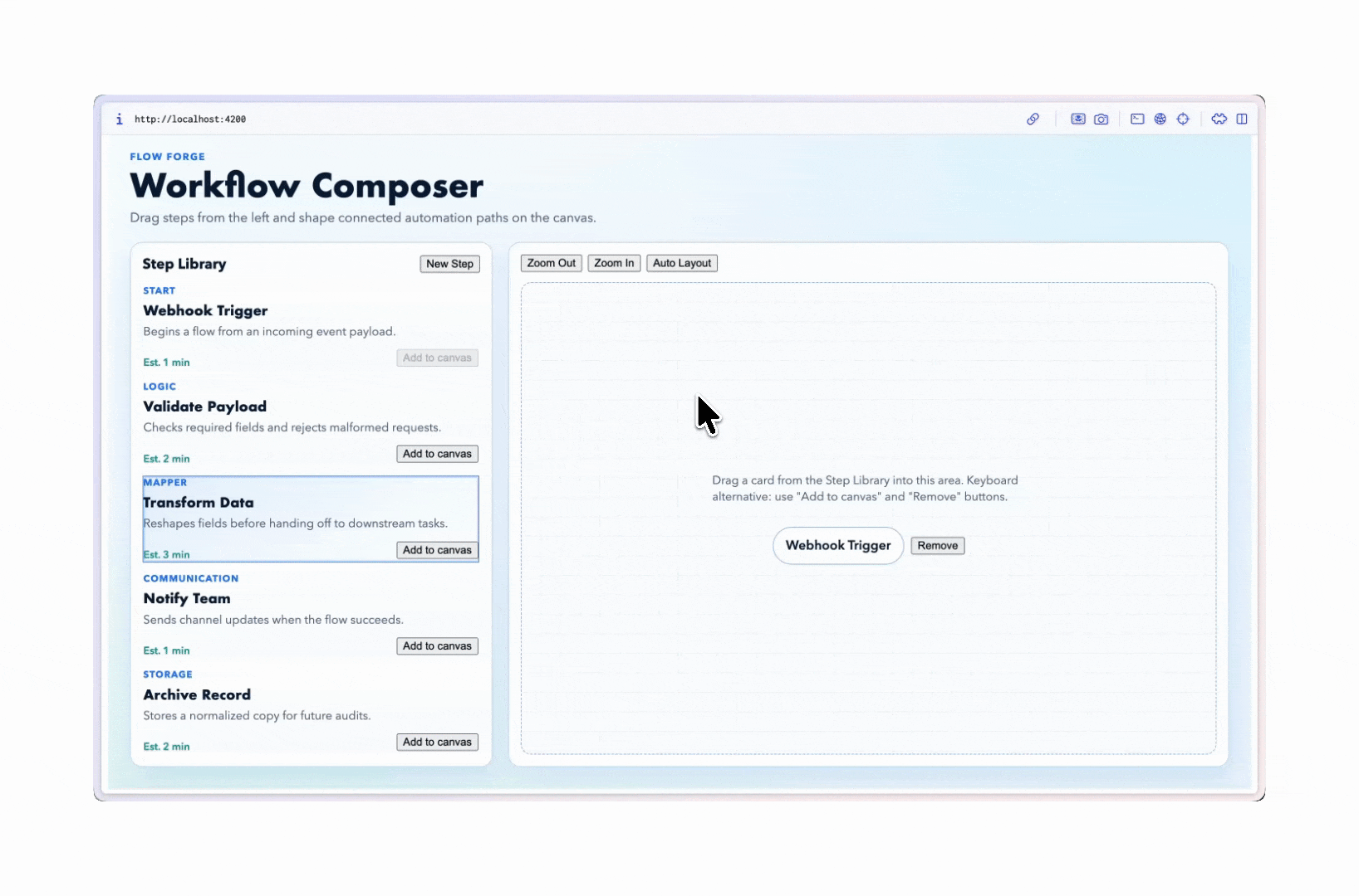 Workflow Composer now has drag and drop. User adds steps to the workflow in seconds.