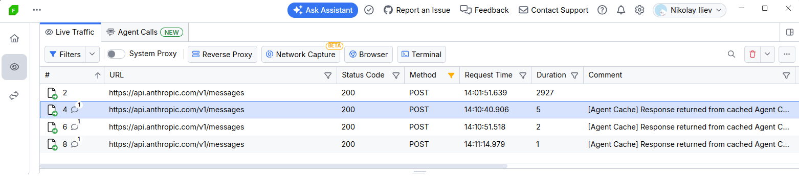 Fiddler caching stored response immediately and never forwarded the request to the provider.