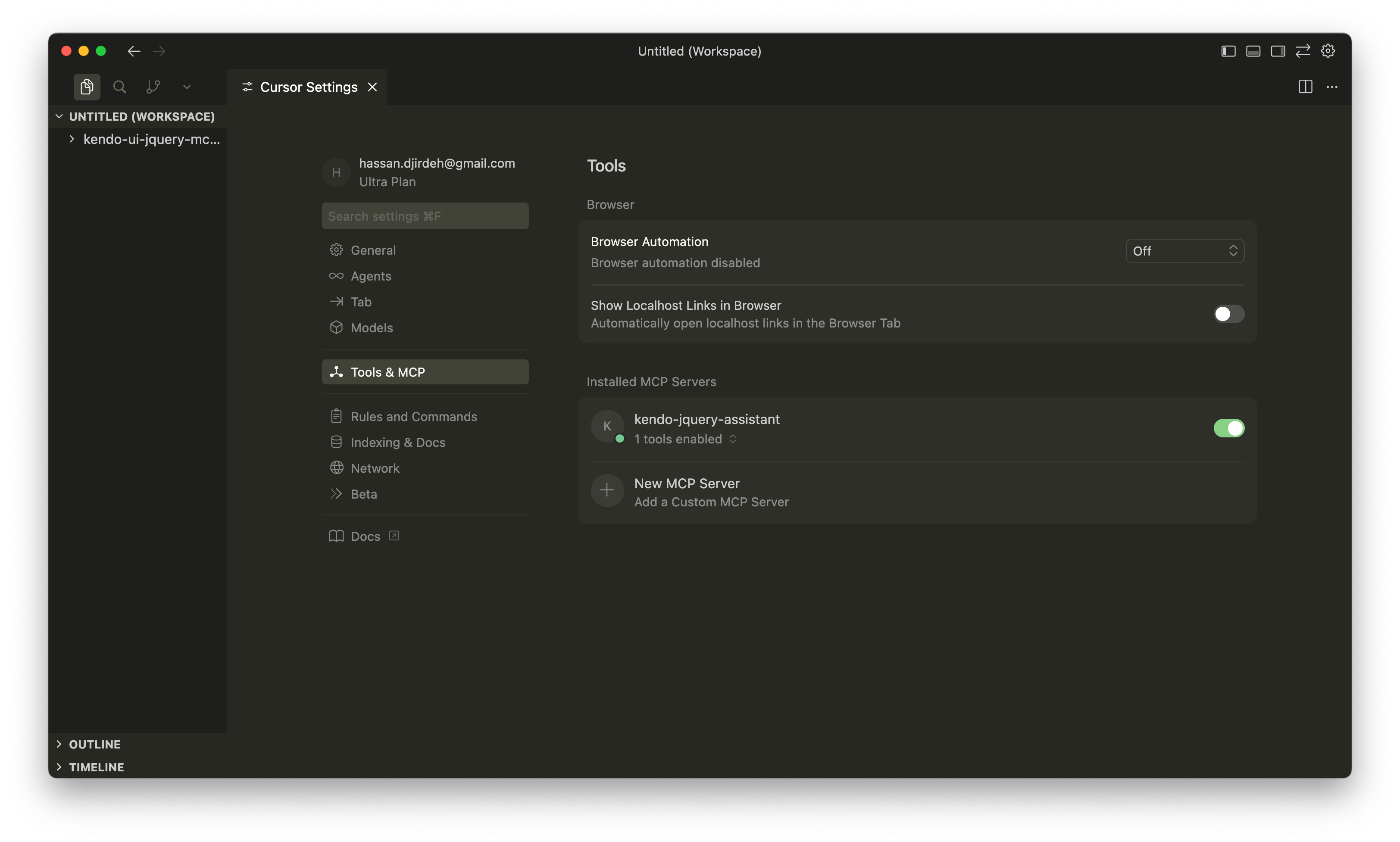 Cursor settings - MCP Tools - kendo-jquery-assistant server toggled on.