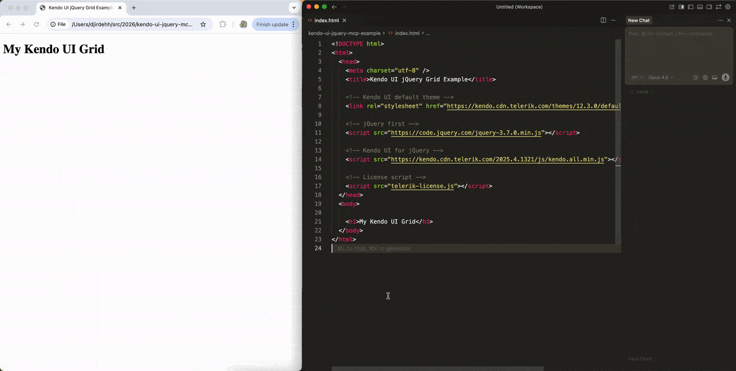 MCP server processing request: kendojquery generate a Kendo UI for jQuery Grid with sorting and paging enabled. Bind the Grid to dummy data. And a grid shows up in our app!