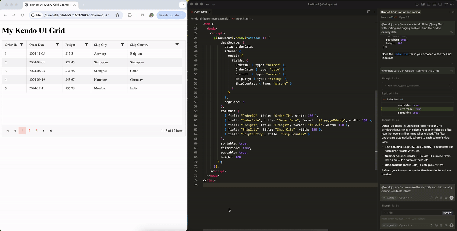 With prompt: @kendojquery Can we make the ship city and ship country columns editable inline?, we add editing capabilities to our jQuery Grid.
