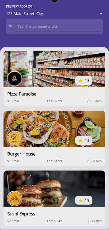 Screenshot of a food ordering stores page built using Telerik UI components for .NET MAUI