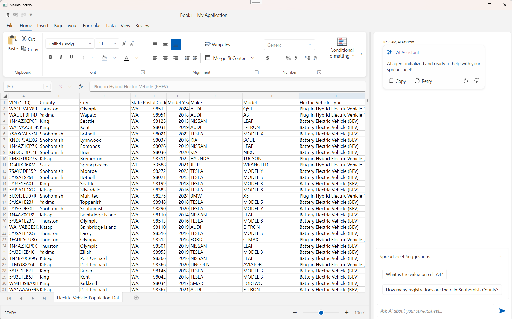 Spredsheet with right panel showing the AI Assistant, with AI agent initialized and ready to help with your spreadsheet!
