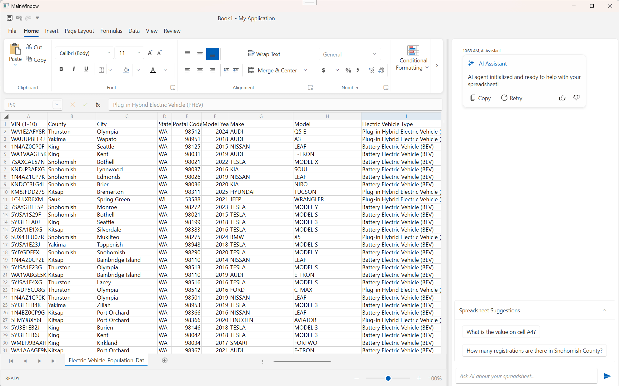 Spredsheet with right panel showing the AI Assistant, with AI agent initialized and ready to help with your spreadsheet!