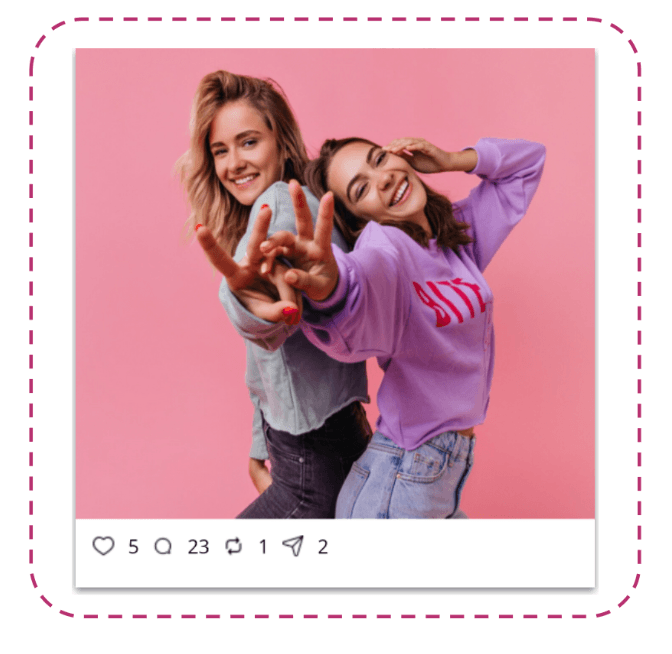 Instagram post structure Photo of two girls giving peace signs. Below are icons for likes, comments, reposts, shares