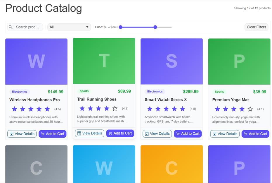 Telerik Blazor AI UI Generator produced product catalog