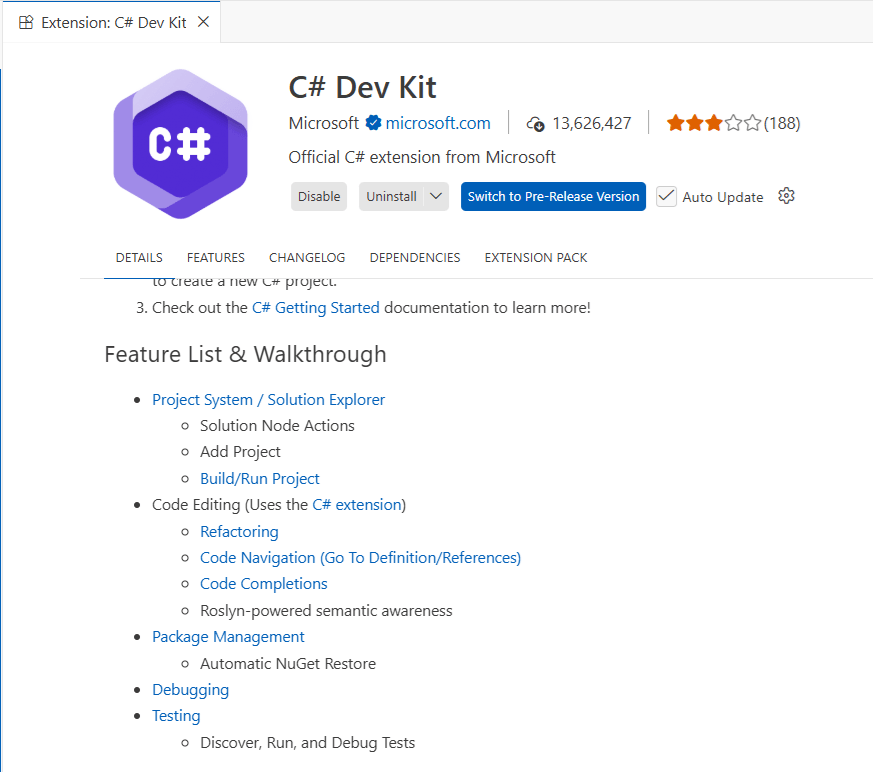 The marketplace page of the C# Dev Kit Visual Studio Code extension.