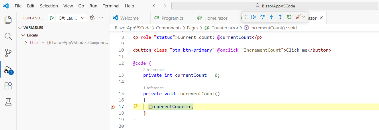 The VS Code debugger stopping at a code line and showing the local variables and the toolbar to control the program execution.