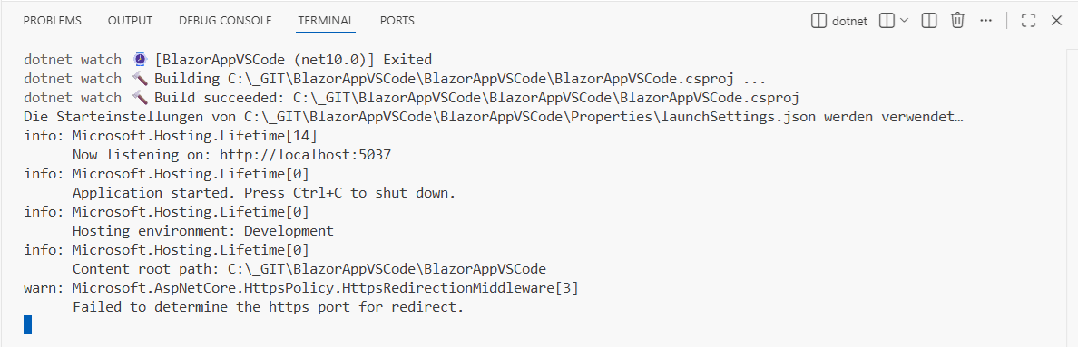 A terminal executing the dotnet watch run command in the folder of a Blazor Web App.