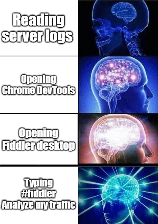Enlightenment meme with progressive stages: Reading server logs, opening Chrome DevTools, Opening Fiddler desktop, Typing #fiddler Analyze my traffic