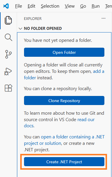 The Explorer panel in Visual Studio Code in an empty project shows the Create .NET Project button.