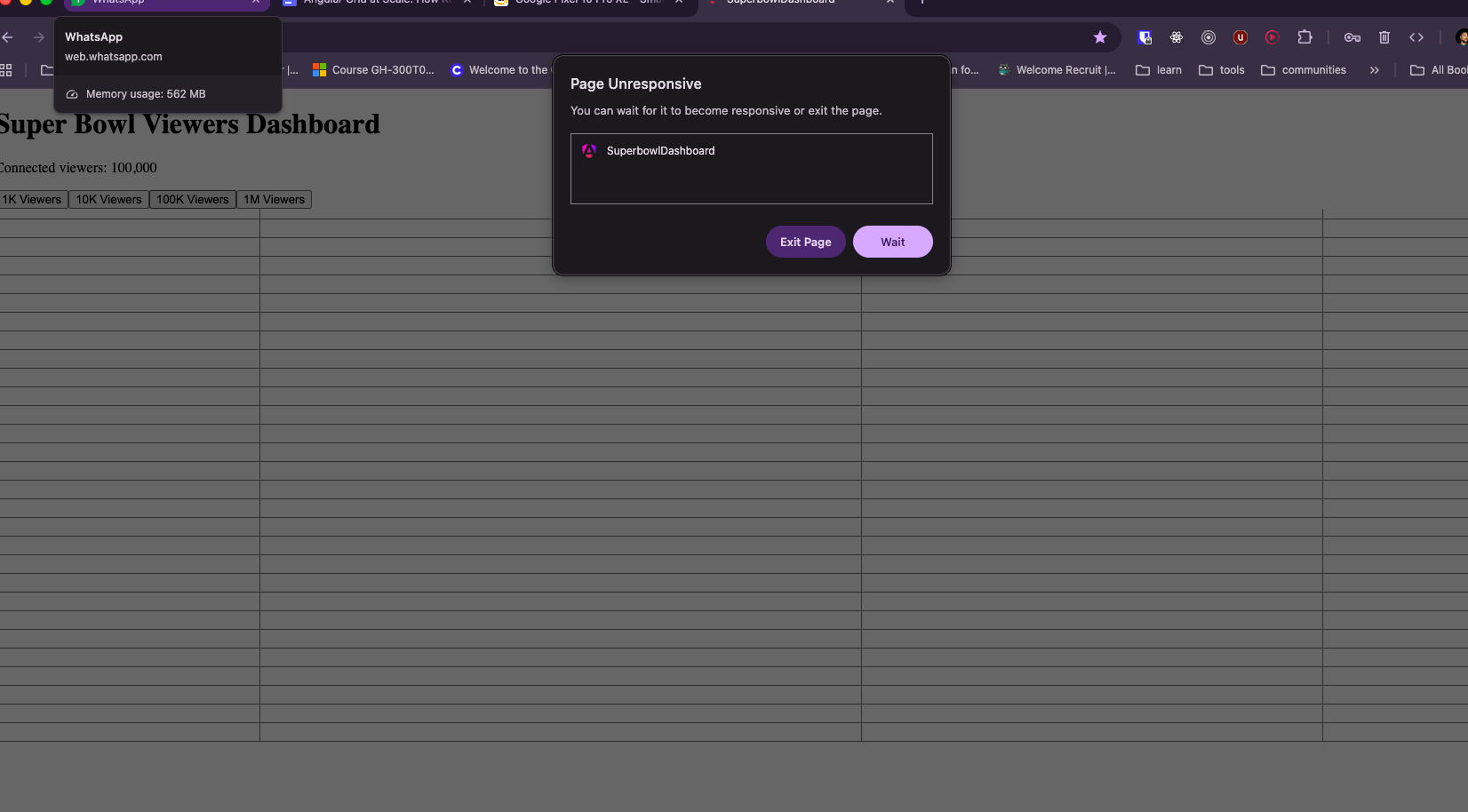 Page Unresponsive dialog