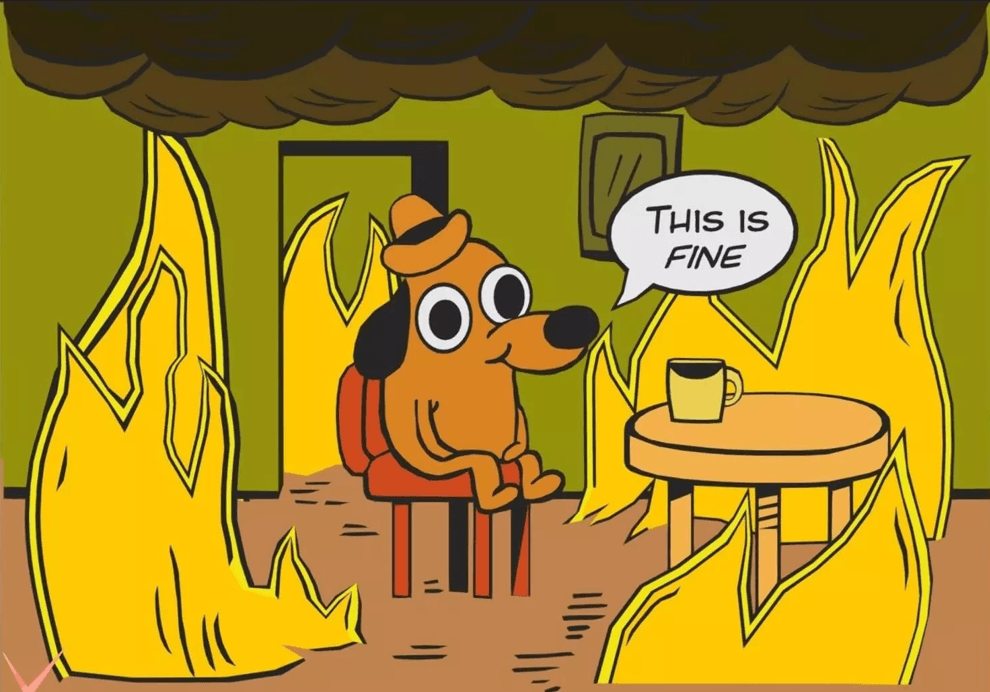 Question Hound comic meme with dog sitting in room on fire saying, This is fine