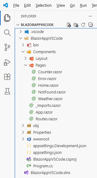 The Explorer panel in VS Code in a Blazor Web App shows the folders, such as the Components folder and all the required code files.