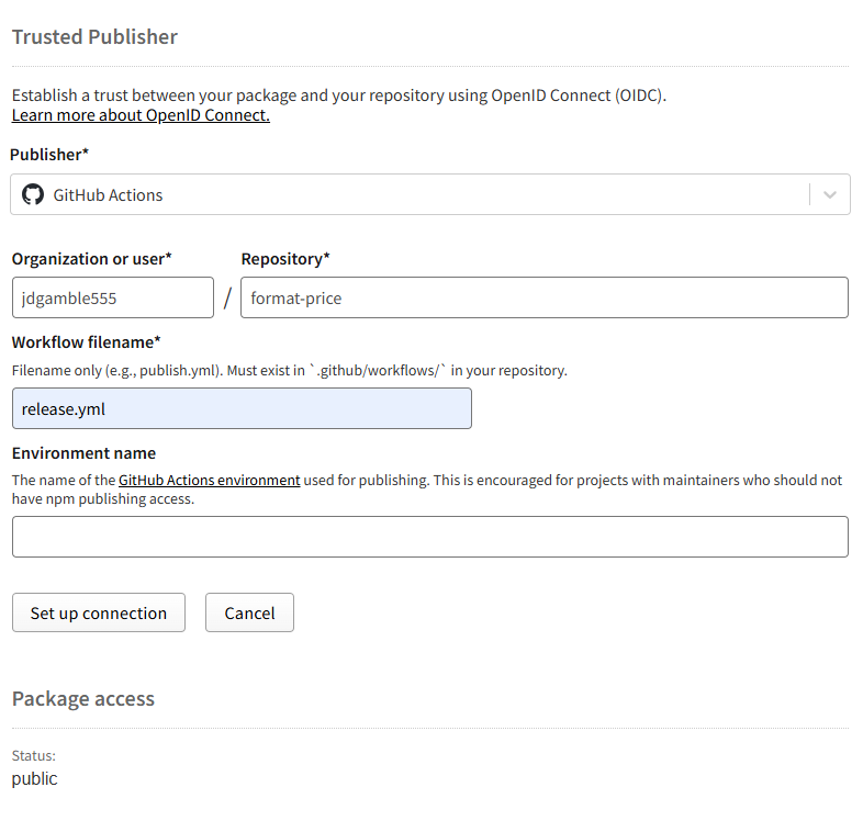 Trusted Publisher page with fields for org or user, repo, workflow filename, environment name - to set up new connection