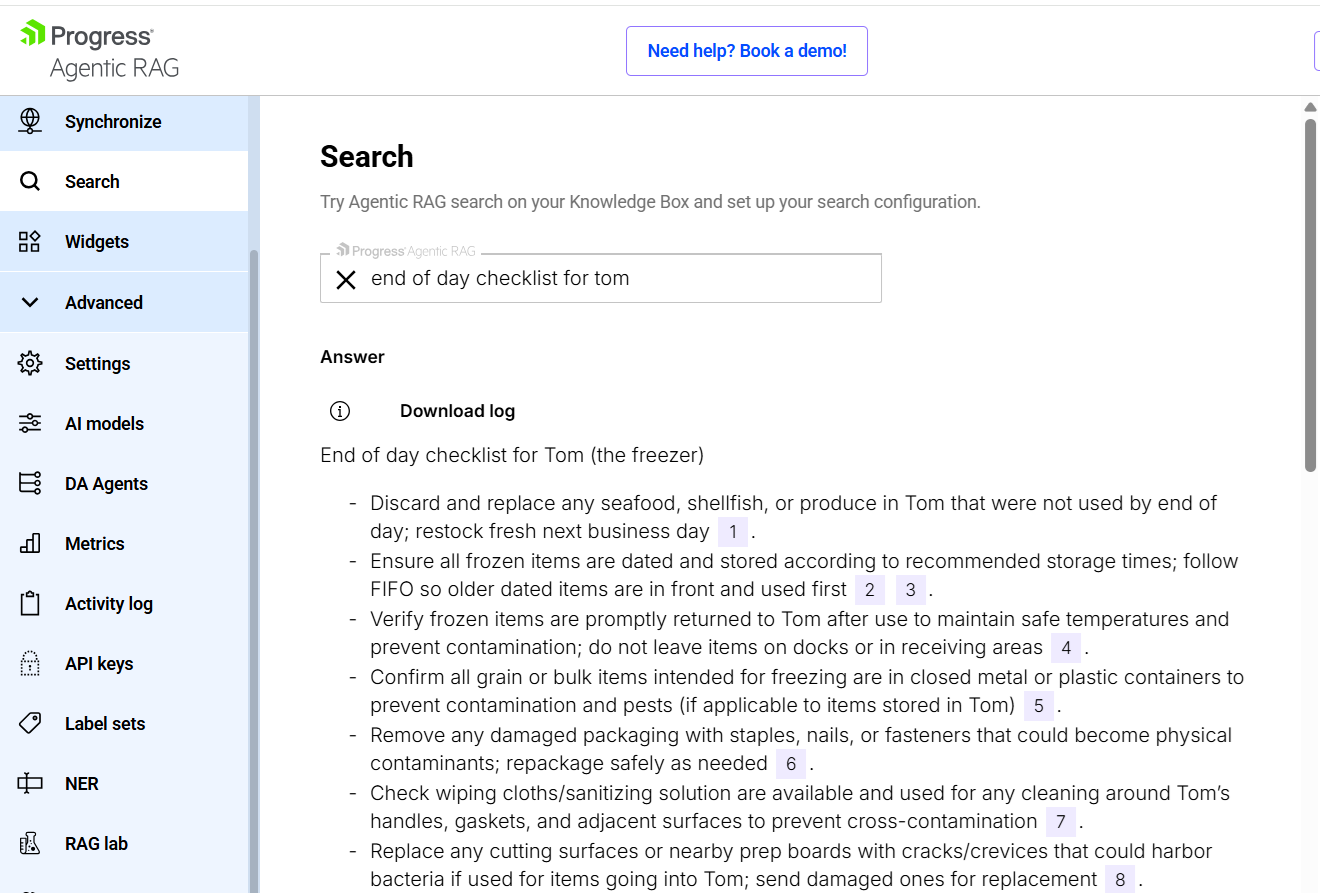 The Search page for an Agentic RAG agent. In the textbox at the top of the page, the user has entered “end of day checklist for tom” all in lower case. Below that is a set of bullet points detailing activities to be performed on the restaurant’s freezer. Following each bullet point are set of numbers in sequence (1, 2, 3, etc.) enclosed in light blue circles.