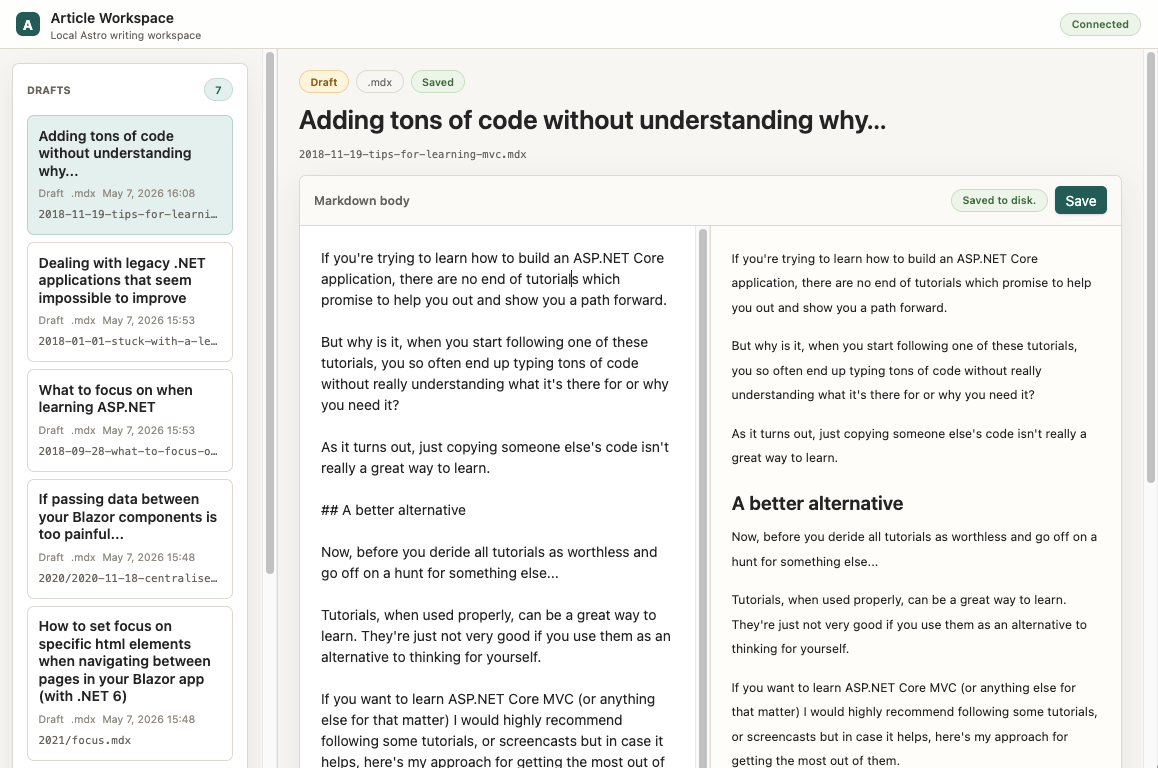 Finished Article Workspace app showing a sidebar list of drafts and the selected draft 