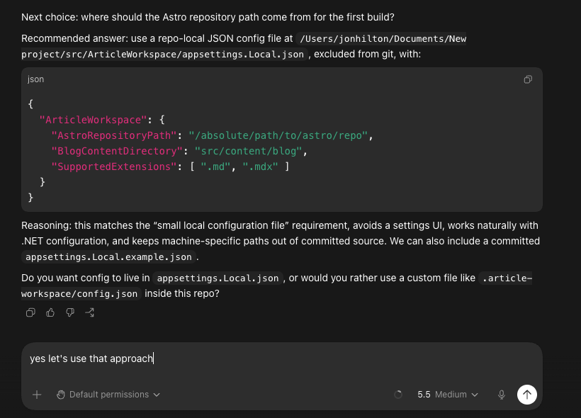 Codex prompt suggesting a repo-local appsettings.Local.json for the Astro repository path, with the user replying 