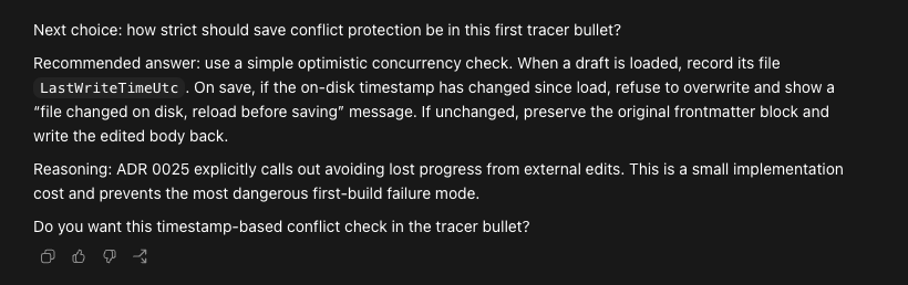 Codex recommendation for an optimistic concurrency check using LastWriteTimeUtc to prevent overwriting drafts changed on disk