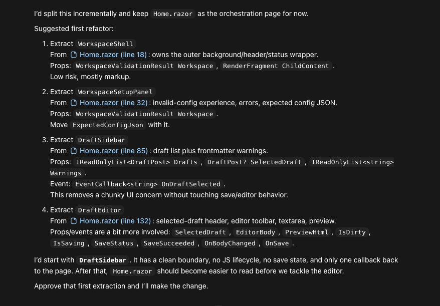Codex refactor plan proposing four extractions from Home.razor: WorkspaceShell, WorkspaceSetupPanel, DraftSidebar, and DraftEditor